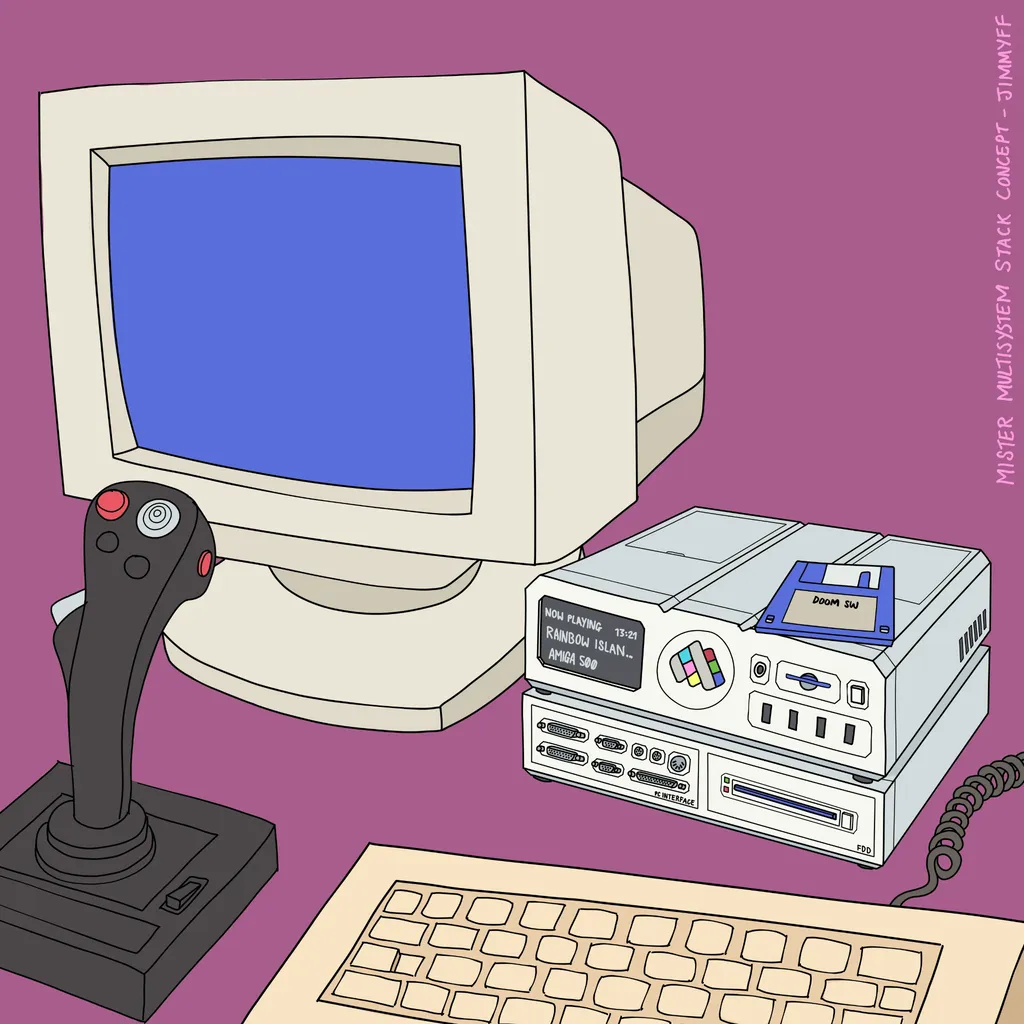 MiSTer Multisystem Stack in a retro Amiga-style desk setup