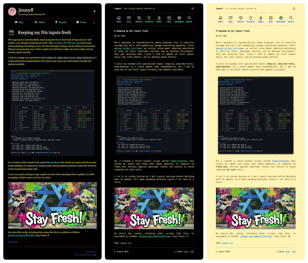 The old theme 'Inky' on the left, new 'Zap' theme in dark mode central and light mode right. The old theme 'Inky' on the left, new 'Zap' theme in dark mode central and light mode right.