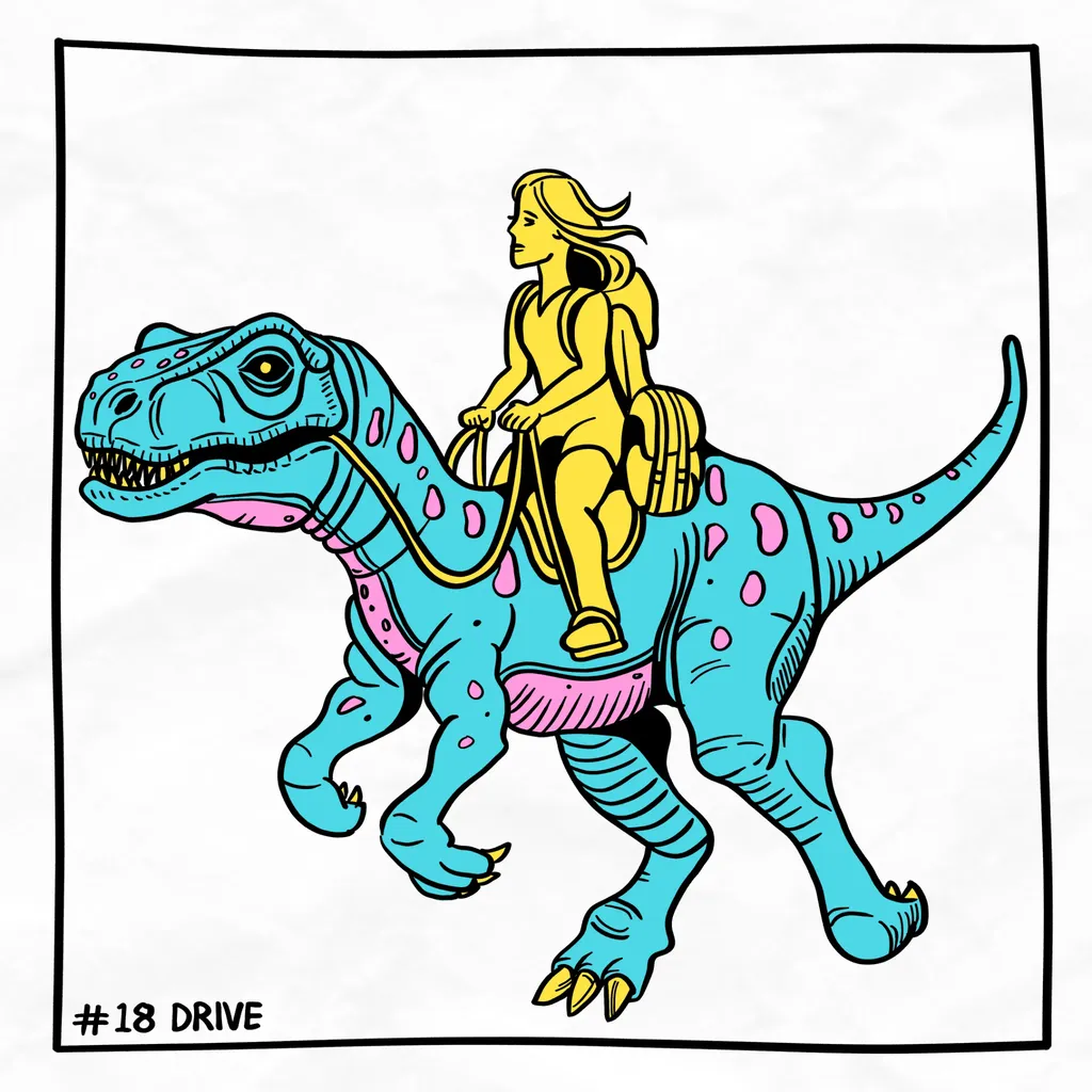 An adventurer riding a blue and pink dinosaur