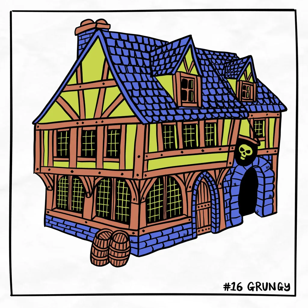 An old tavern with a skull on the sign