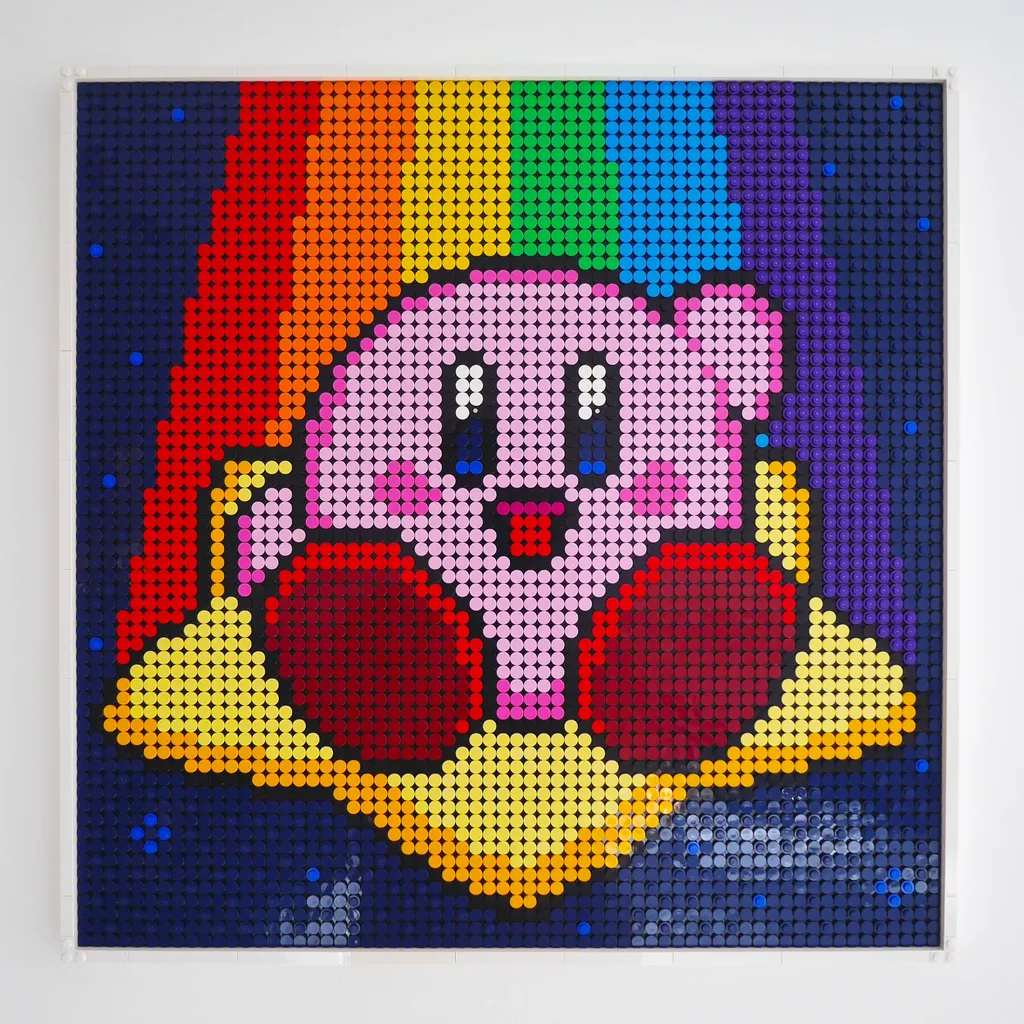 Lego Kirby artwork hanging on wall Lego Kirby artwork hanging on wall