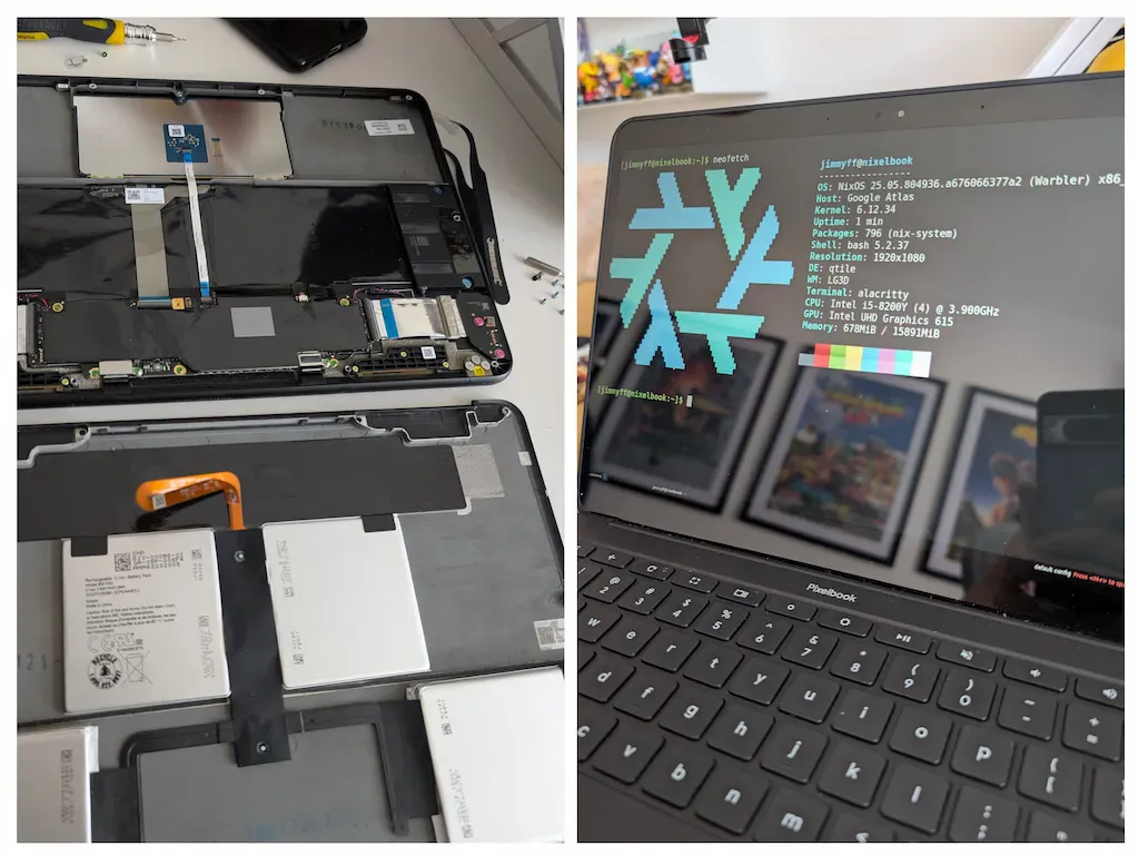 Left: Disconnecting the battery of my Pixelbook. Right: My Nixelbook is born! Left: Disconnecting the battery of my Pixelbook. Right: My Nixelbook is born!
