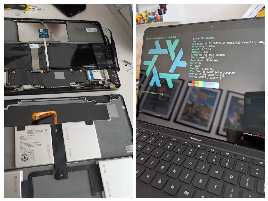 Left: Disconnecting the battery of my Pixelbook. Right: My Nixelbook is born!
